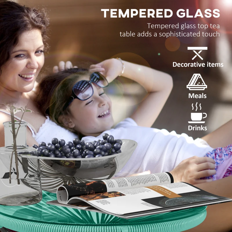 Outsunny Rattan Side Table, Round Outdoor Table, with Round PE Rattan and Tempered Glass Table Top for Patio, Garden, Light Green