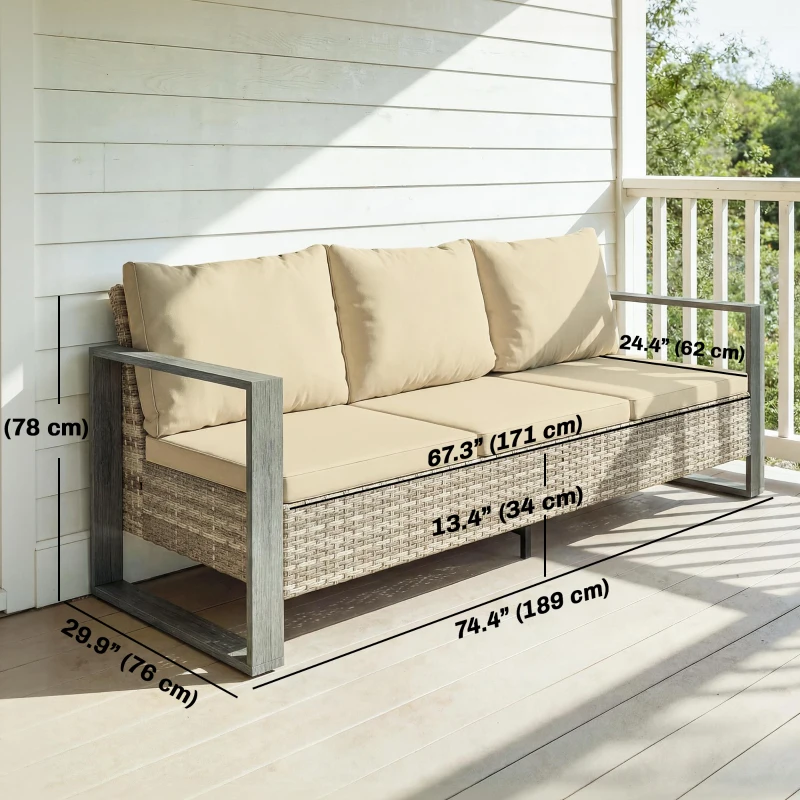 Outsunny 3-Seater Outdoor Couch, PE Wicker Patio Sofa with Deep Seat, Wood-Effect Aluminum Armrests, Cushions, Khaki