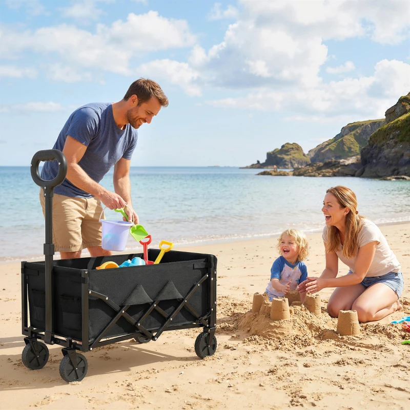 Outsunny 16 Gallon Folding Wagon Cart with Wheels, Heavy-Duty Collapsible Wagon with Drop-Down Tailgate, Black