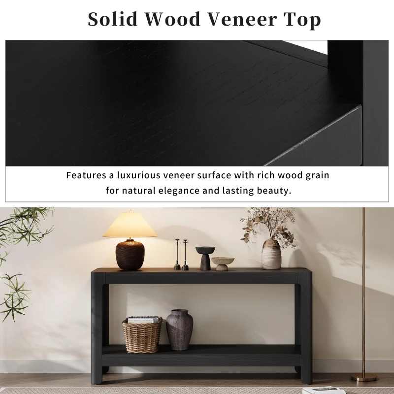Elegant Farmhouse Console Table with Knot-Free Pine Legs, Accent Sofa Table with Solid Wood Veneer Top, 59" L x 15.5" W x 30" H, Black