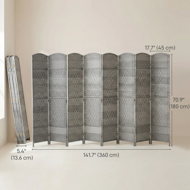 HOMCOM 6 Ft Tall Folding Room Divider, 8 Panel Portable Privacy Screen, Hand-Woven Partition Wall Divider, Mixed Grey