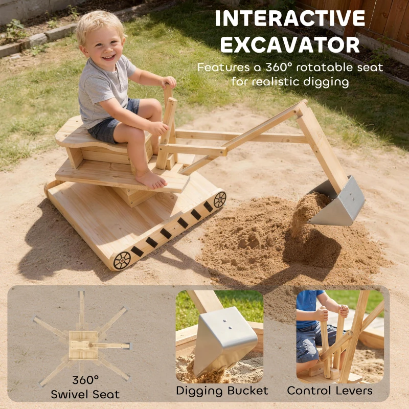 Qaba Wooden Sandbox with Digger, Kids Sandbox with 360° Rotating Seat & Bottom Liner, 72" x 35" x 22"