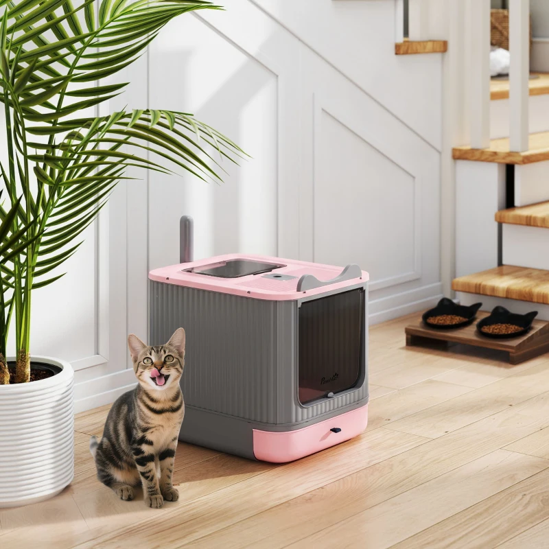 PawHut Cat Litter Box with Lid, Enclosed Litter Box for Medium Cats, Front-Entry and Top-Exit, Scoop, Deodorizer Bag, Pink