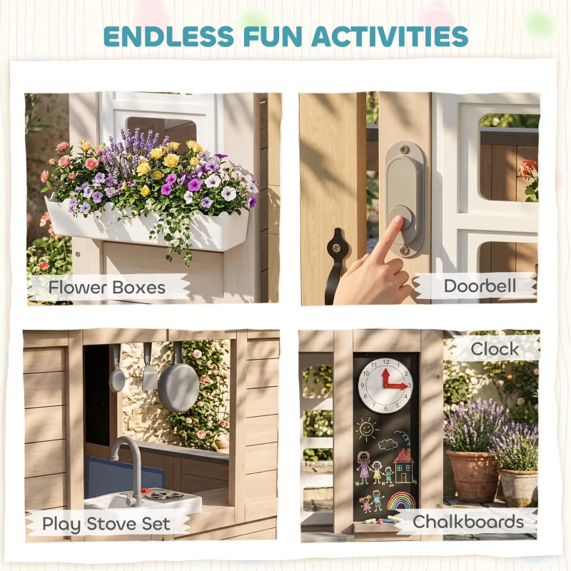 Qaba Outdoor Playhouse, Wooden Kids Playhouse with Dog Door, Cookware, Planter Box, Bell, Blackboard, Clock for Backyard