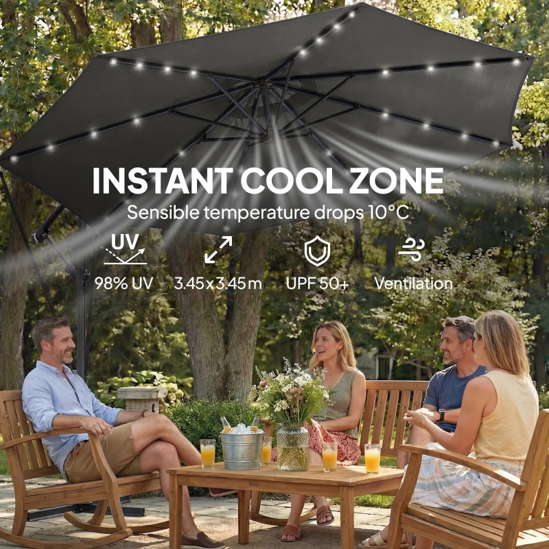 Outsunny 11.3 ft Cantilever Patio Umbrella with Light, Cover, Aluminium UPF50+ Offset Outdoor Umbrella Parasol, Dark Grey