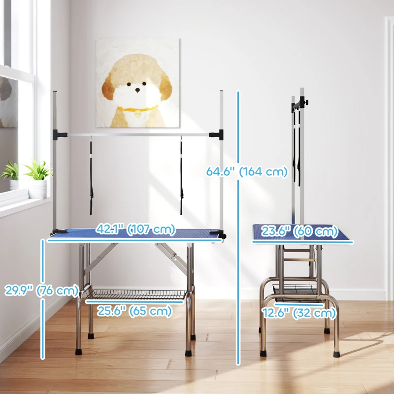 PawHut Adjustable Dog Grooming Table with 2 Safety Slings, Storage Basket, Blue