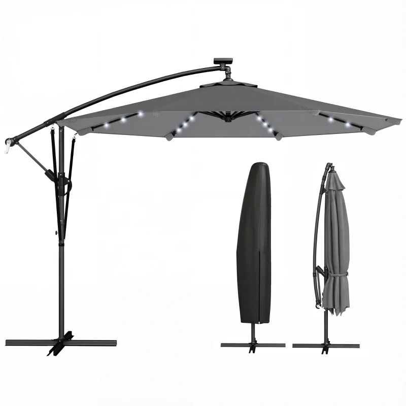 Outsunny 9.7ft Solar LED Cantilever Patio Umbrella with 32 LED Lights, Cross Base, Crank Handle, for Poolside, Deck, Dark Grey