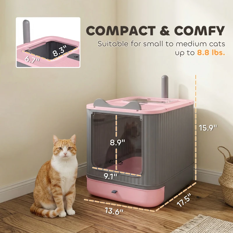 PawHut Cat Litter Box with Lid, Enclosed Litter Box for Medium Cats, Front-Entry and Top-Exit, Scoop, Deodorizer Bag, Pink