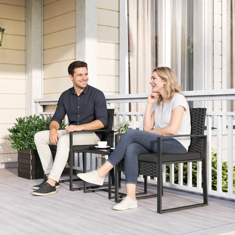 Outsunny Outdoor Bistro Set, 3 Piece Wicker Patio Furniture Set with Glass Top Table and Cushions for Porch, Balcony, Black