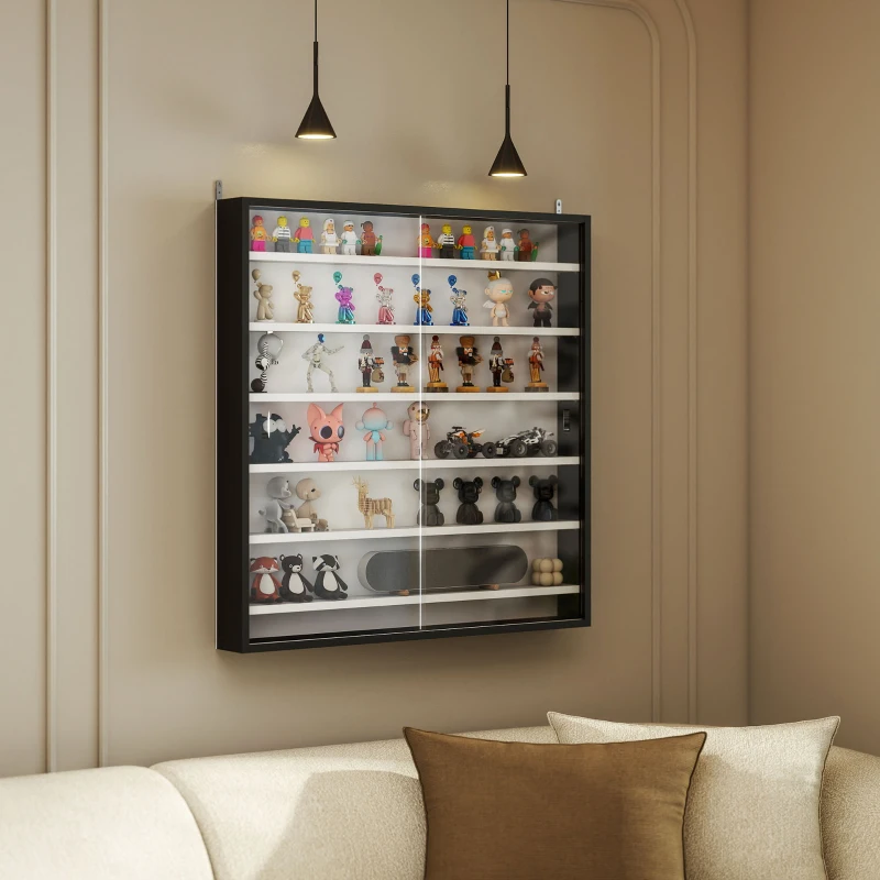 HOMCOM 7-Tier Display Cabinet, Shot Glass Display Case, Glass Curio Cabinet with Glass Doors, Black and White