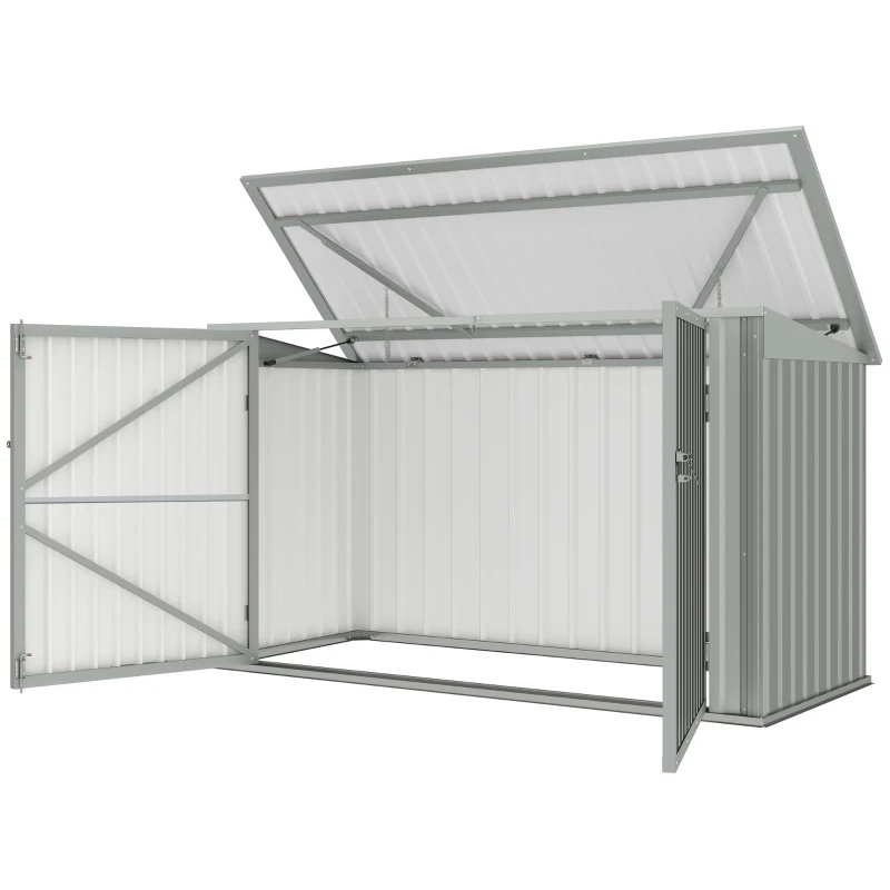 Outsunny 7.6 x 3.4ft Outdoor Storage Shed, 3 Garbage Bin Shed Organizer with Lockable Double Doors, Openable Lid, Silver Grey