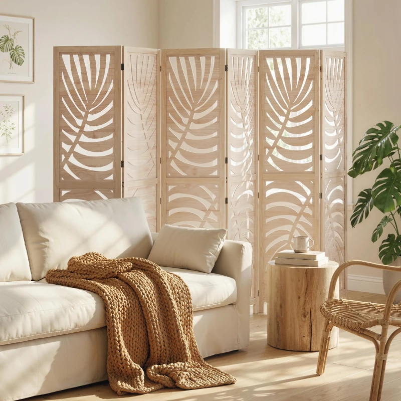 HOMCOM 6 Panel Room Divider, Detachable Folding Privacy Screens with Palm Leaf Design for Home Office, Natural Wood