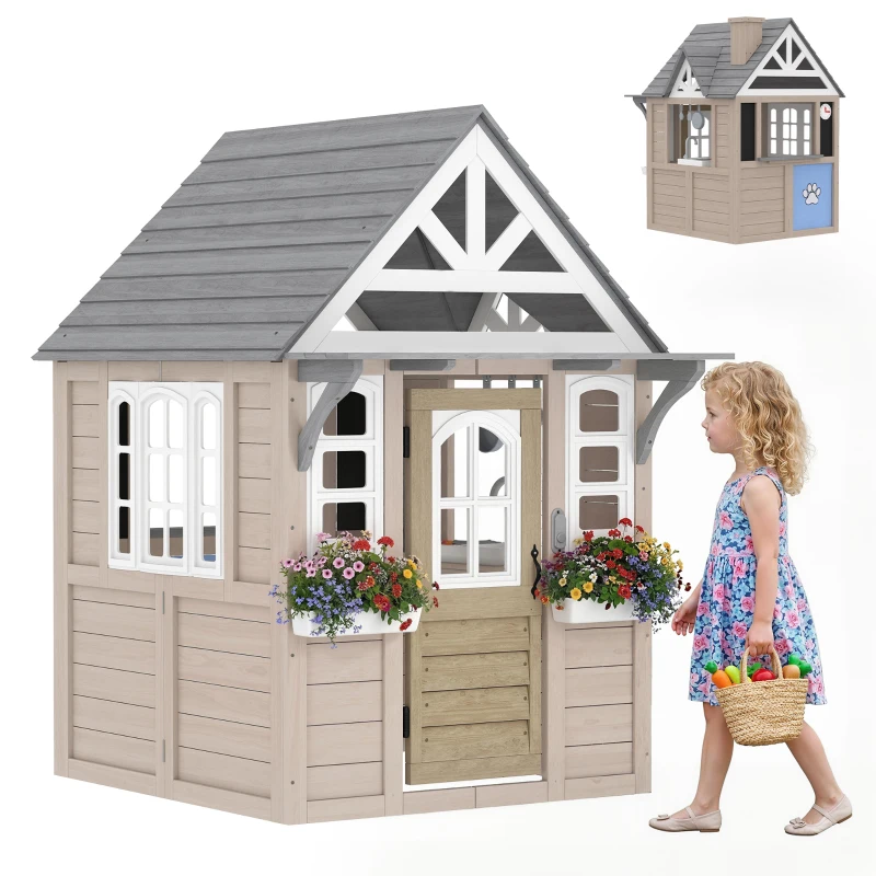Qaba Outdoor Playhouse, Wooden Kids Playhouse with Dog Door, Cookware, Planter Box, Bell, Blackboard, Clock for Backyard