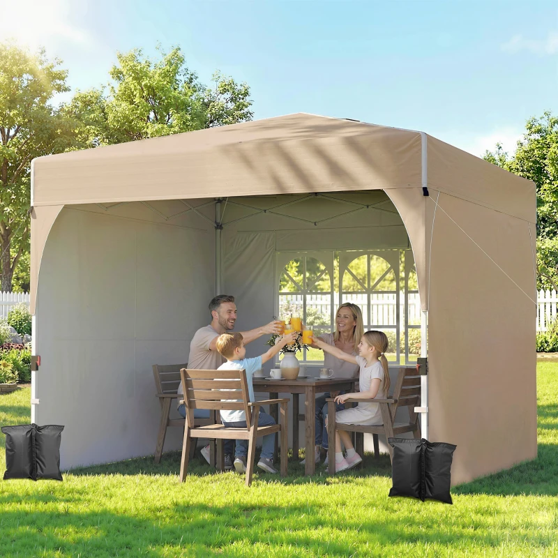 Outsunny 9.6 x 9.6 ft Pop Up Canopy Tent with 3 Sidewalls, UPF 50+ 1-Button Push Easy Setup Outdoor Instant Canopy, Khaki