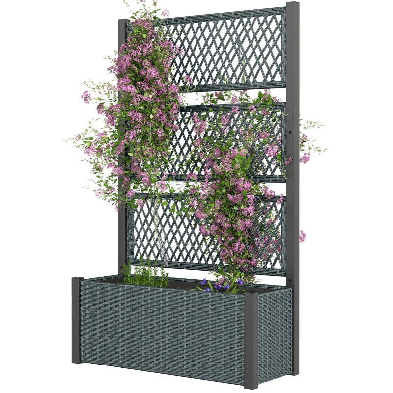 Outsunny Wicker Outdoor Planter with Trellis, 58" Standing Garden Bed with Liner, Drainage Holes for Climbing Plants, Dark Grey