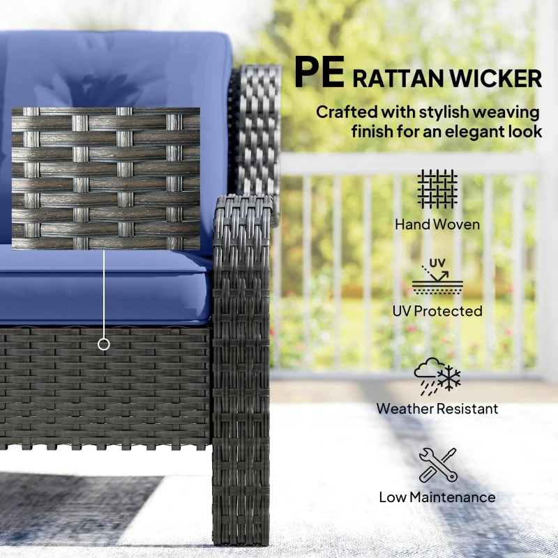 Outsunny Wicker Patio Sofa with Cushions, 3 Seater Rattan Outdoor Couch for Patio, Garden, Porch, Backyard, Deep Blue
