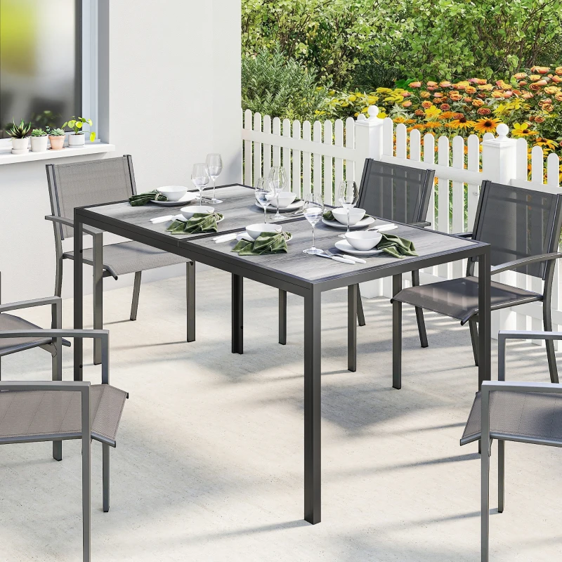 Outsunny Outdoor Dining Table for 4-6, 59" Outdoor Patio Table with Metal Legs, Wood-Effect Top, Grey