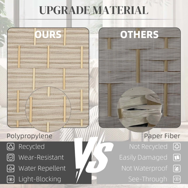 HOMCOM 6 Ft Tall Folding Room Divider, 4 Panel Portable Privacy Screen, Hand-Woven Partition Wall Divider, Light Oak