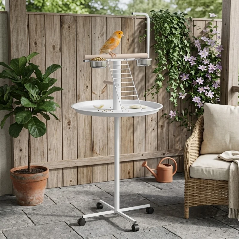 PawHut Bird Stand with Wheels, Perches, Feed Bowls, Round Tray for Parrot