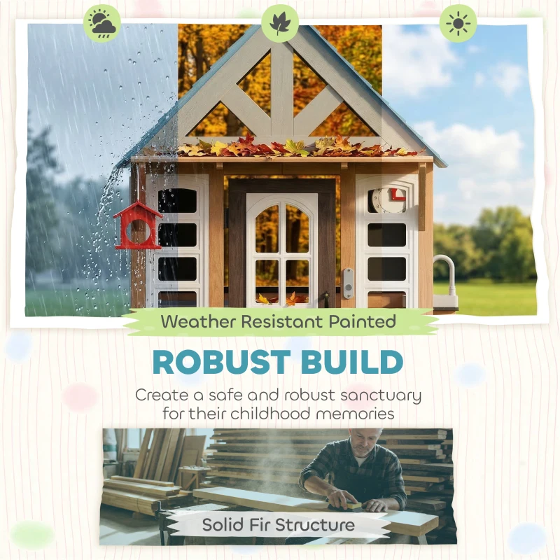 Qaba Wooden Kids Playhouse with Pet Door, Play Kitchen, Mailbox, Doorbell, Birdhouse, Fence and Windows for Pretend Play