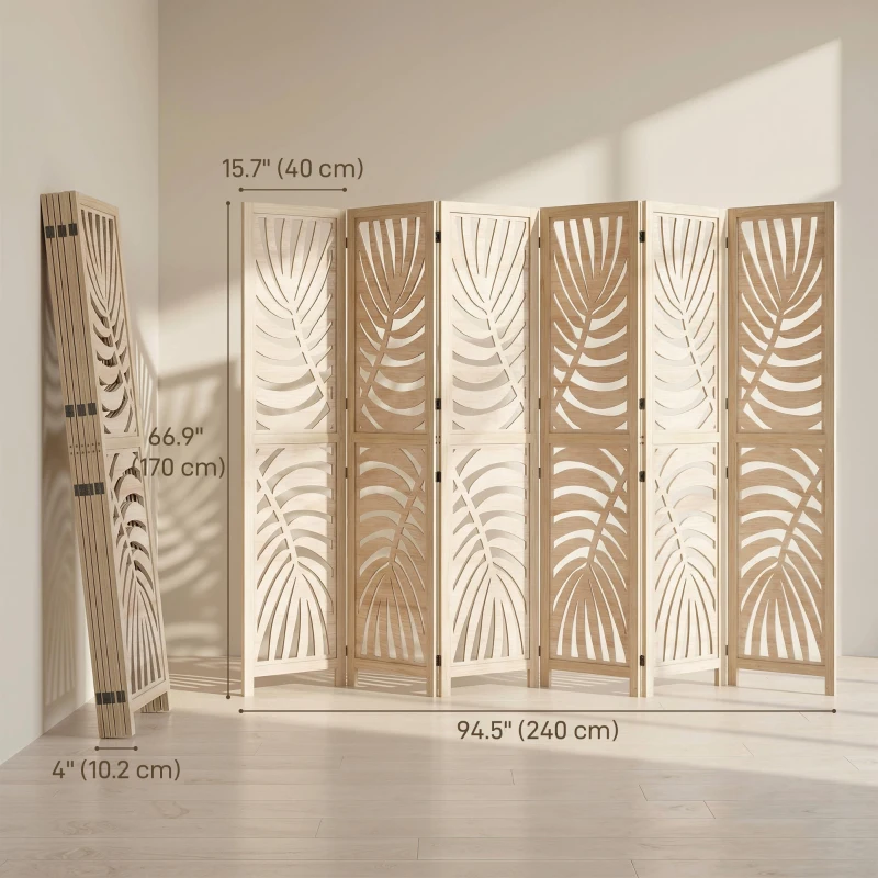 HOMCOM 6 Panel Room Divider, Detachable Folding Privacy Screens with Palm Leaf Design for Home Office, Natural Wood