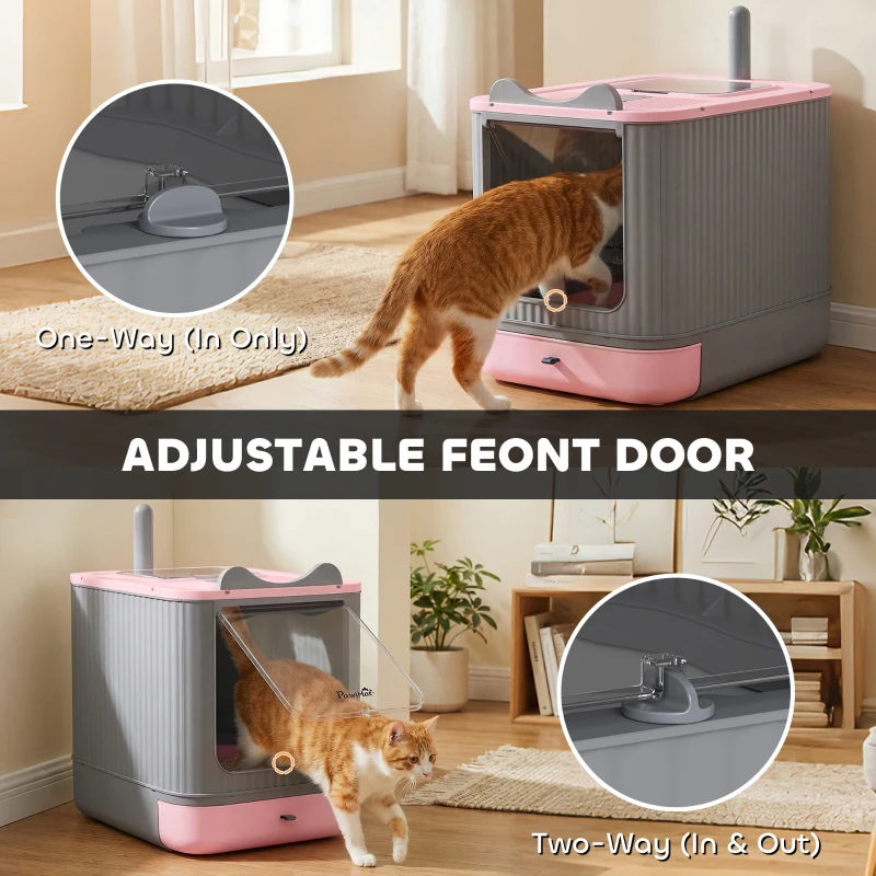 PawHut Cat Litter Box with Lid, Enclosed Litter Box for Medium Cats, Front-Entry and Top-Exit, Scoop, Deodorizer Bag, Pink