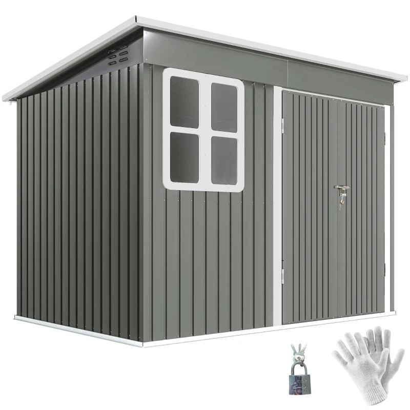Outsunny 8.5' x 6' Galvanised Steel Outdoor Storage Shed, Garden Shed with Window, Lockable Wide Doors and Air Vents, Grey