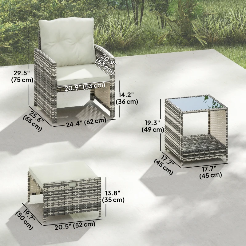 Outsunny 5 Piece Patio Furniture Set, Wicker Patio Chairs with Ottomans, 2-Tier Glass Coffee Table and Cushions, Grey/Cream White