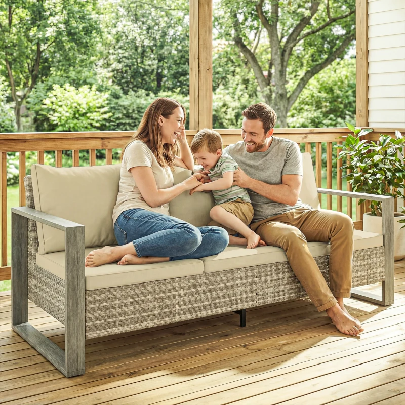 Outsunny 3-Seater Outdoor Couch, PE Wicker Patio Sofa with Deep Seat, Wood-Effect Aluminum Armrests, Cushions, Khaki