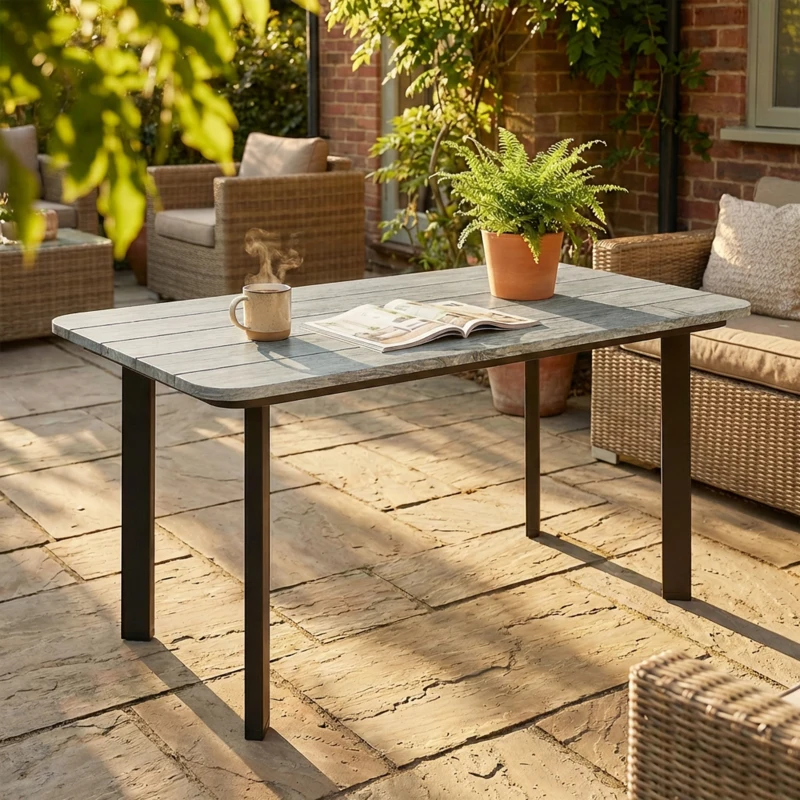 Outsunny Outdoor Garden Coffee Table, Patio Table with Slatted Wood Plastic Composite Top and Steel Frame, Grey