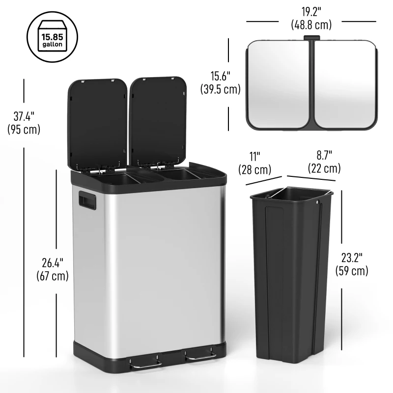 HOMCOM Kitchen Garbage Bin, 2 x 7.9 Gal (2 x 30 L) Trash Can, Soft-Close Garbage Can with Removable Inner Buckets, Silver