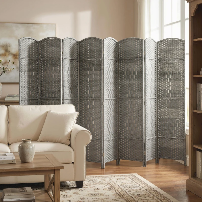 HOMCOM 6 Ft Tall Folding Room Divider, 8 Panel Portable Privacy Screen, Hand-Woven Partition Wall Divider, Mixed Grey