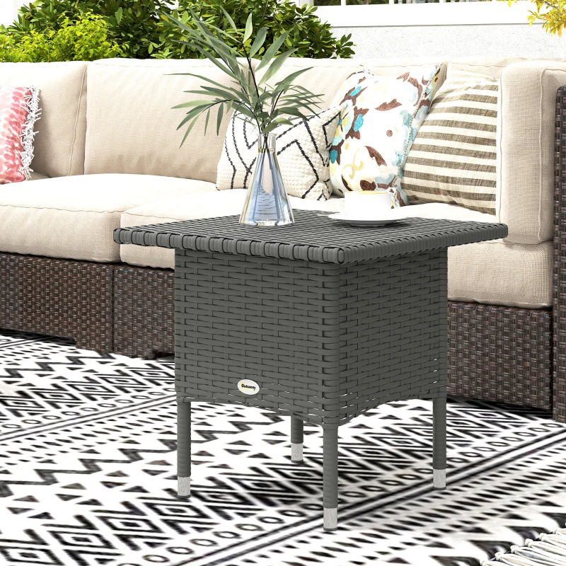 Outsunny Wicker Outdoor Side Table, 20" Square Patio End Table w/ Full Woven Top, Grey