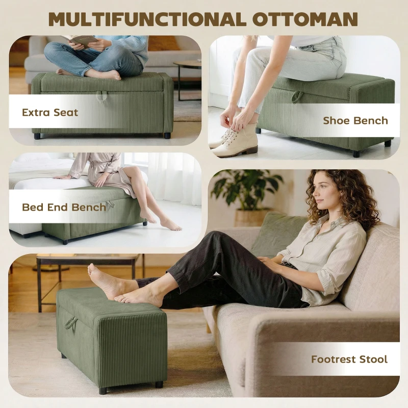 HOMCOM Storage Ottoman, Upholstered Corduroy End of Bed Bench with Thick Padding, Storage Bench for Bedroom, Dark Green