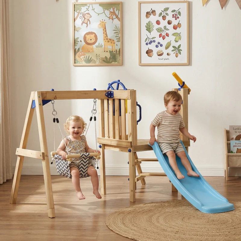 Outsunny Wooden Kids Swing Set with Slide, Swing Seat, Captain's Wheel, Telescope, for Ages 18-48 Months, Natural