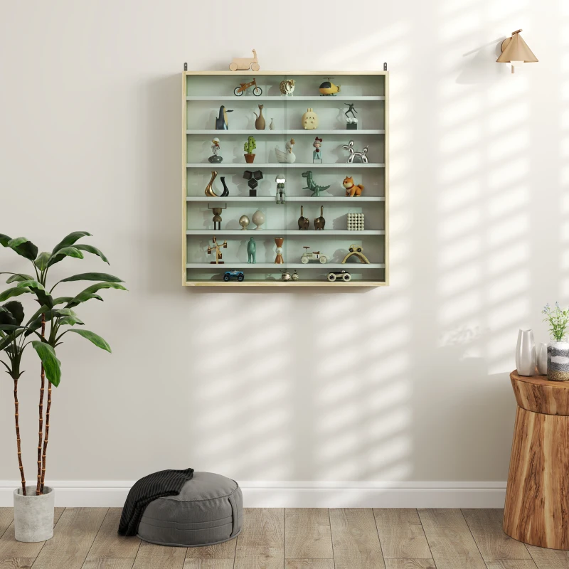 HOMCOM 7-Tier Display Cabinet, Shot Glass Display Case, Glass Curio Cabinet with 2 Glass Doors, Oak and White