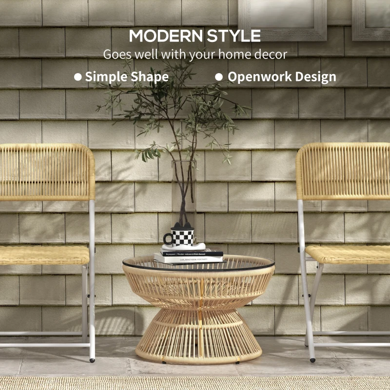 Outsunny Rattan Outdoor Coffee Table, Patio End Table with Tempered Glass Tabletop & Steel Frame, Wicker Furniture, Nature Wood