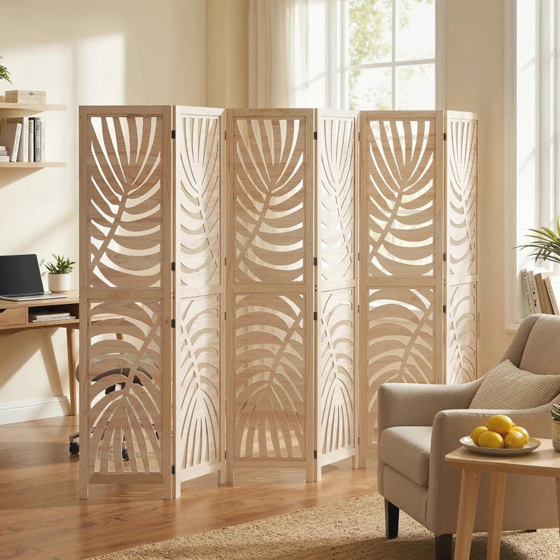 HOMCOM 6 Panel Room Divider, Detachable Folding Privacy Screens with Palm Leaf Design for Home Office, Natural Wood