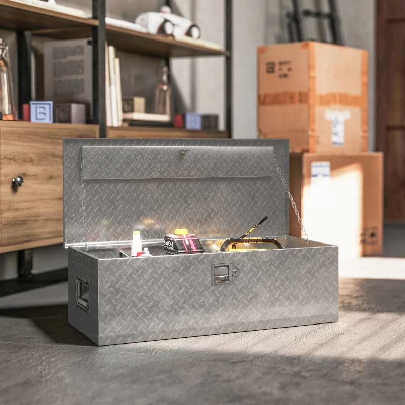 HOMCOM 30 Inch Truck Bed Tool Box, Heavy Duty Aluminum Diamond Plate Trailer Tongue Box with Side Handle and Locks Keys