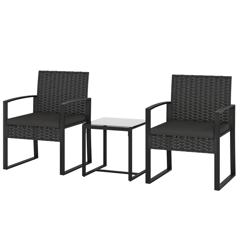 Outsunny Outdoor Bistro Set, 3 Piece Wicker Patio Furniture Set with Glass Top Table and Cushions for Porch, Balcony, Black