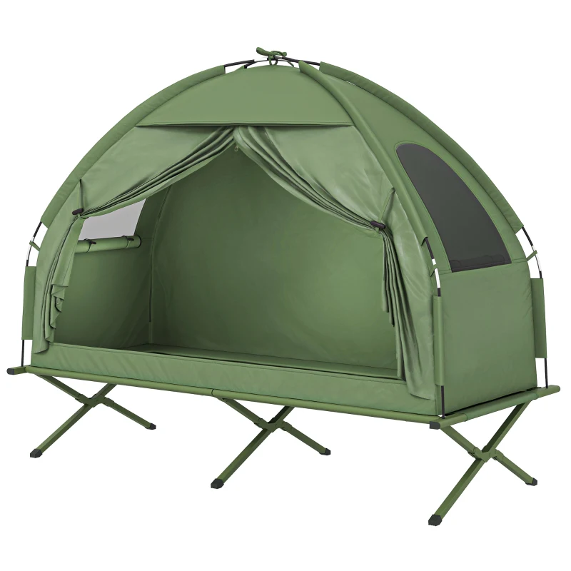 Outsunny Compact Pop Up Portable Folding Outdoor Elevated Camping Cot Tent Combo Set Dark Green