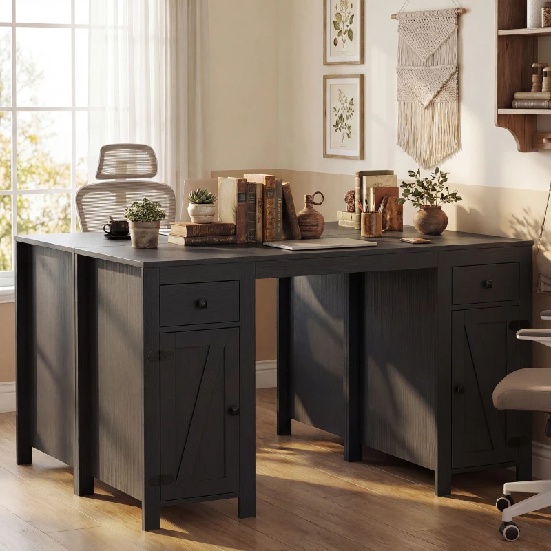 HOMCOM 53" Farmhouse Executive Desk, Computer Desk with Drawers and 2 Cabinets, Study Table for Home Office, Black Wood Grain