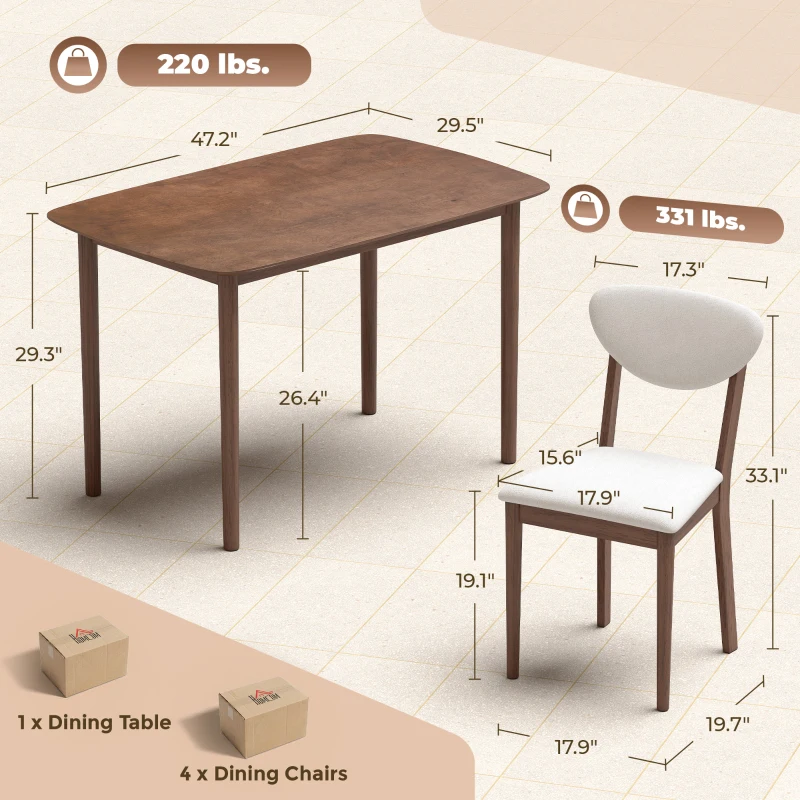 HOMCOM 5-Piece Dining Table Set for 4, Mid-Century Modern Kitchen Table and Chairs, Cream White