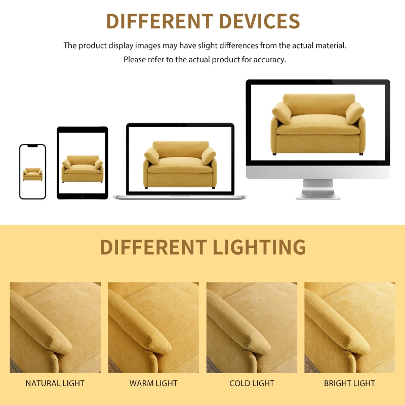 Modern Single Chenille Sofa with Extra-Wide 42.5-Inch Seat, Comfortable Armchair for Bedroom and Living Room, 50" L x 43" W x 34" H, Yellow