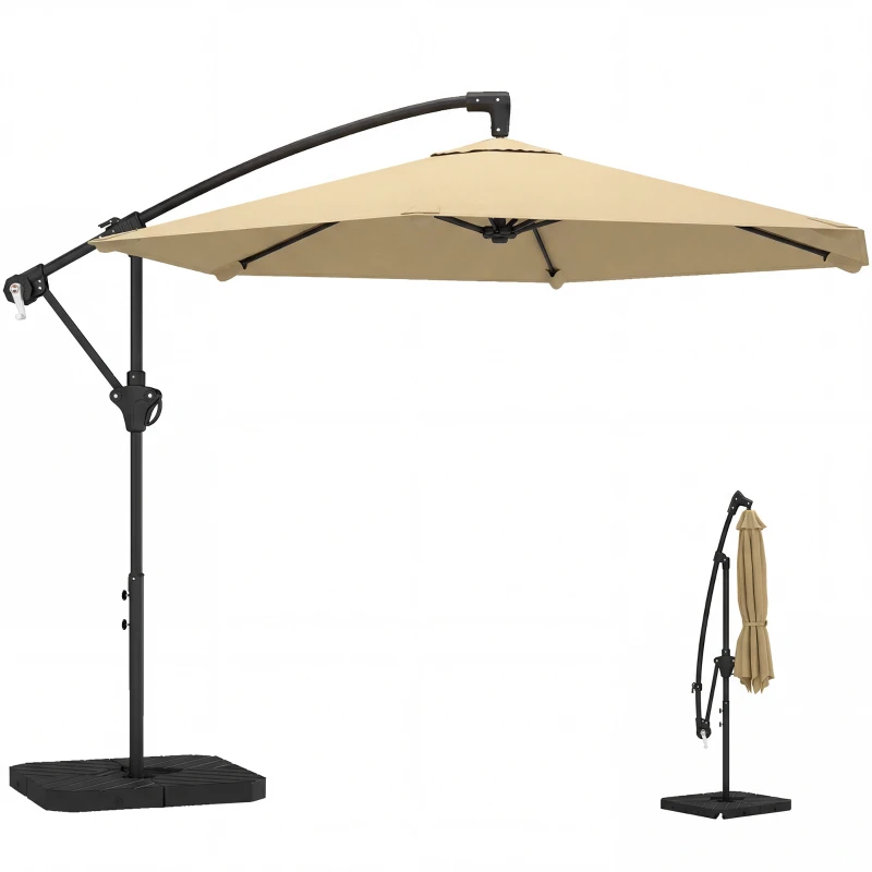 Outsunny 9.7 ft Offset Patio Umbrella with Water/Sand Fillable Weights, Garden Hanging Parasol with Locking Latch, Khaki