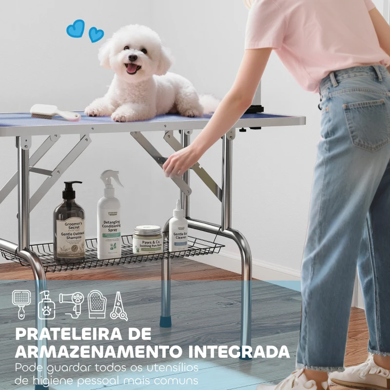 PawHut Adjustable Dog Grooming Table with 2 Safety Slings, Storage Basket, Blue
