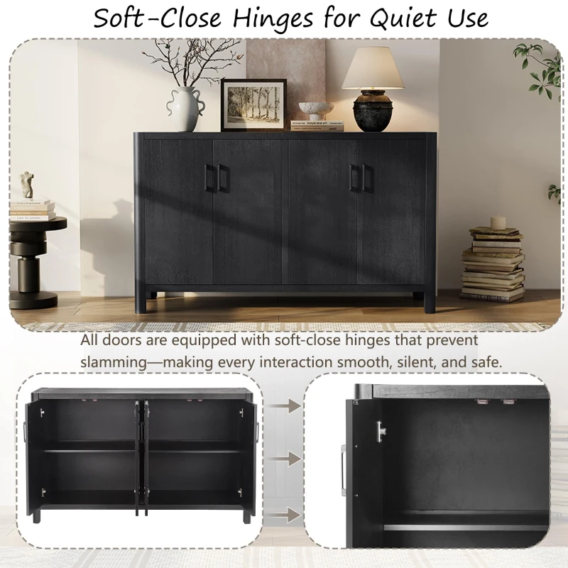 Farmhouse Storage Cabinet with Wood Veneer and Solid Pine Legs, Rustic Accent Sideboard for Entryways, 59" L x 18" W x 36" H, Black