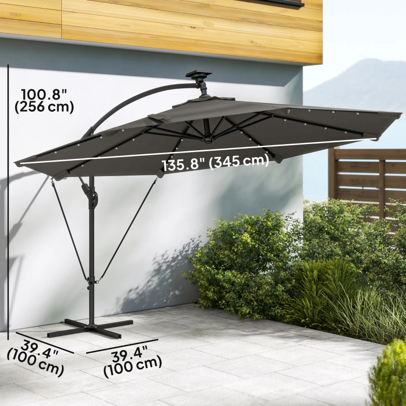 Outsunny 11.3 ft Cantilever Patio Umbrella with Light, Cover, Aluminium UPF50+ Offset Outdoor Umbrella Parasol, Dark Grey
