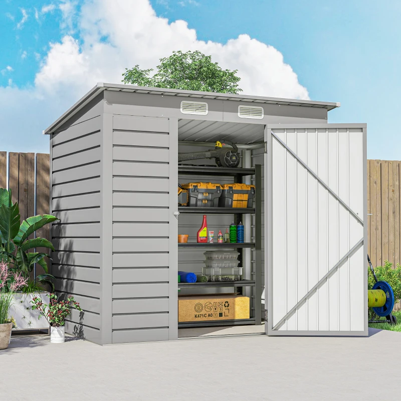 Outsunny 6 x 4FT Galvanized Garden Storage Shed, Metal Outdoor Shed with Double Doors and 2 Vents, Light Grey