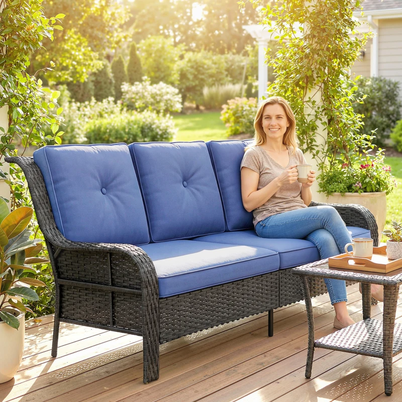 Outsunny Wicker Patio Sofa with Cushions, 3 Seater Rattan Outdoor Couch for Patio, Garden, Porch, Backyard, Deep Blue